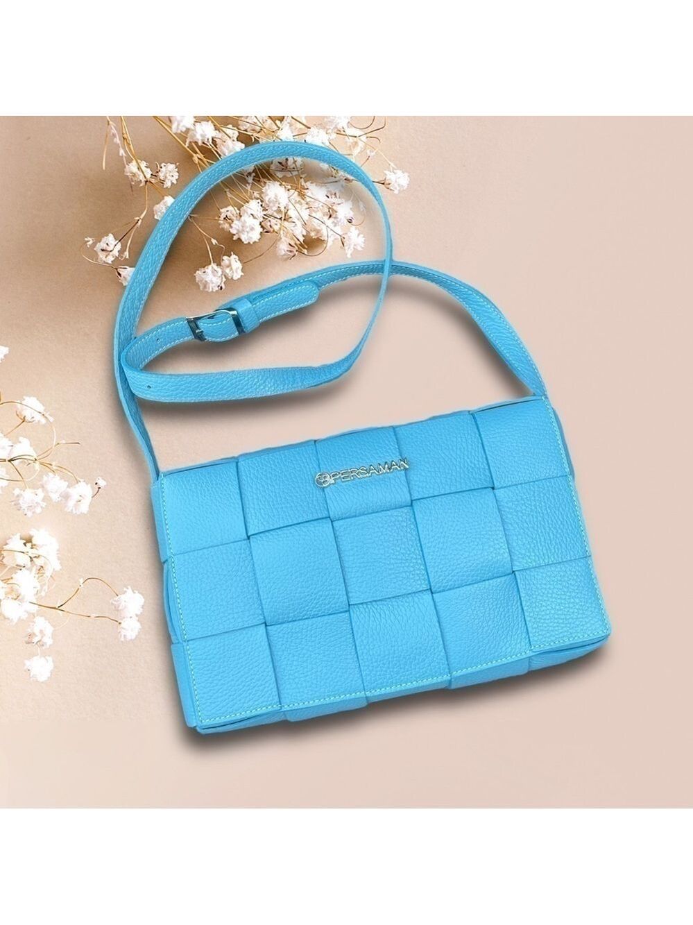 Persaman New York Lelia 21 Genuine Leather Woven Crossbody Bag Teal Aqua